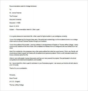 recommendation letter for college recommendation letter for college admission word format