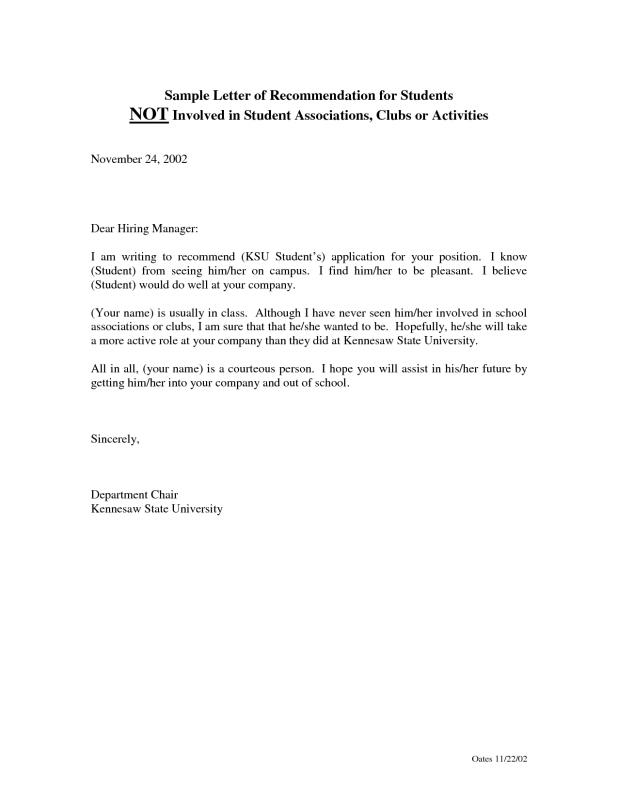 recommendation letter for high school student