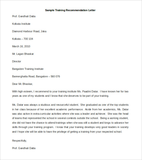 recommendation letter format