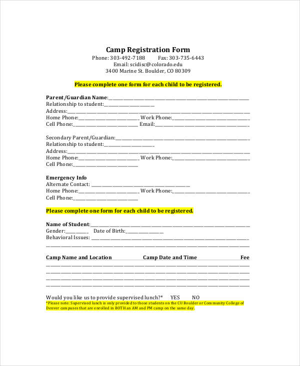 registration form template free