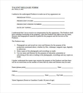 release of liability form pdf free film talent release form template