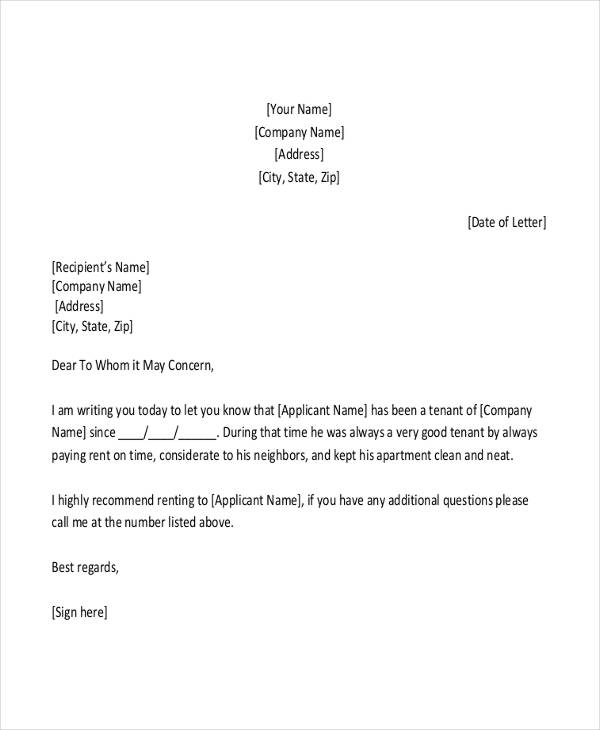 rental reference letter