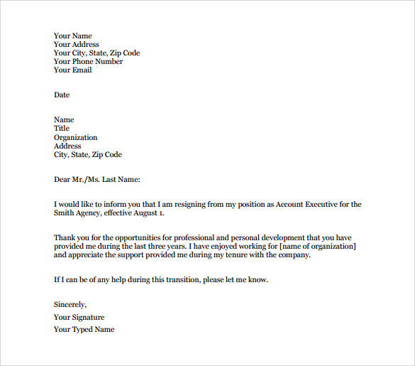 resignation letter template free