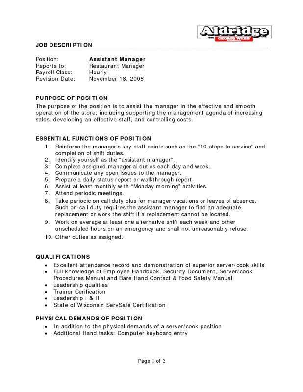 restaurant manager job description