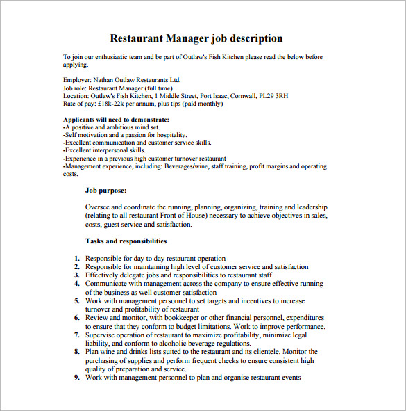 restaurant manager job description