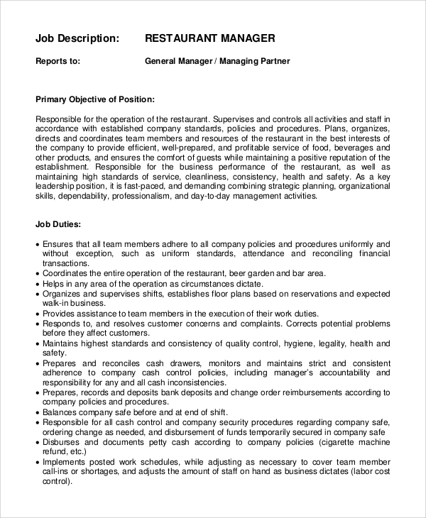 Restaurant Manager Job Description Template Business