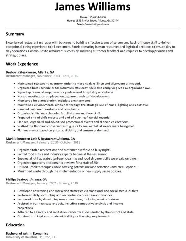 Restaurant Manager Resume Template Business