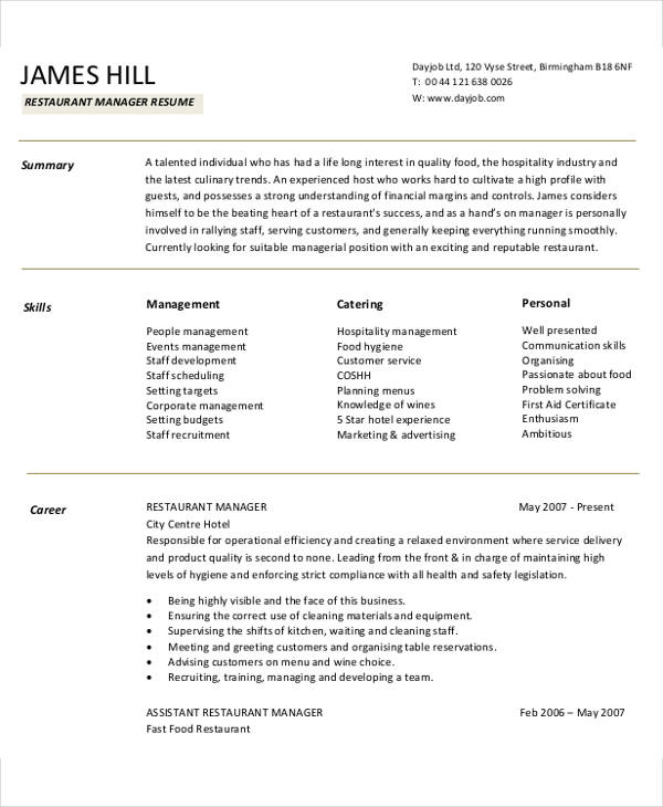 Restaurant Manager Resume | Template Business