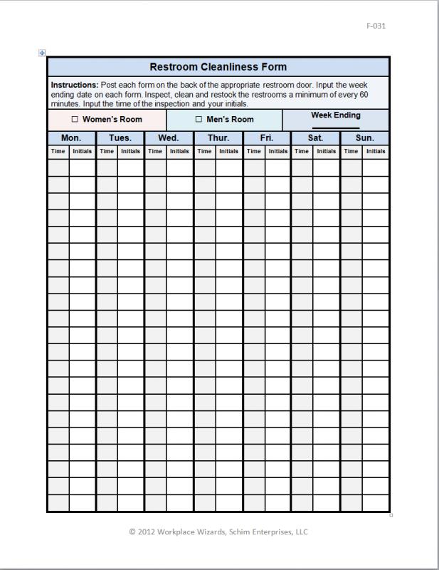 Restroom Cleaning Log Template Business