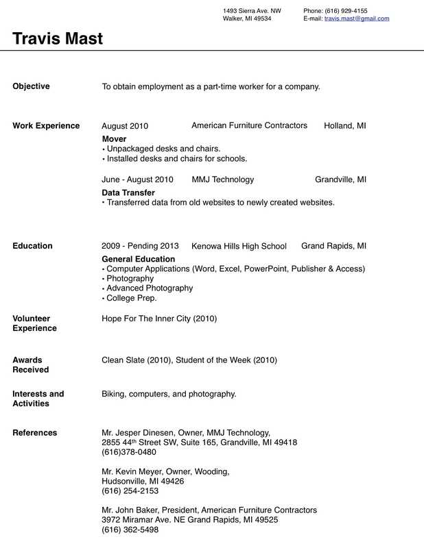 resume example for college student