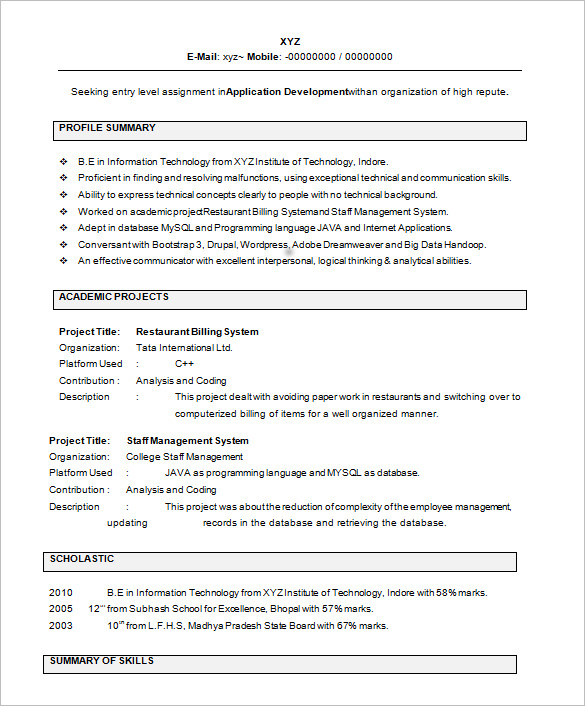 Resume Samples For Freshers Template Business