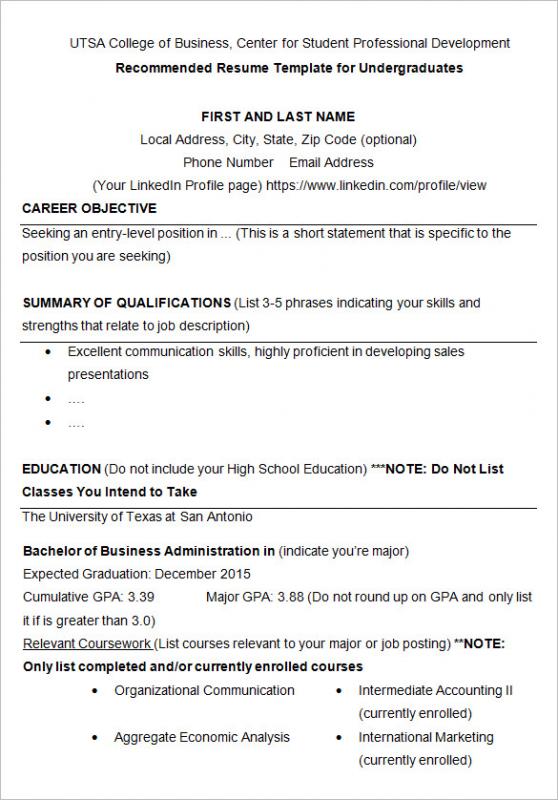 resume template for college student