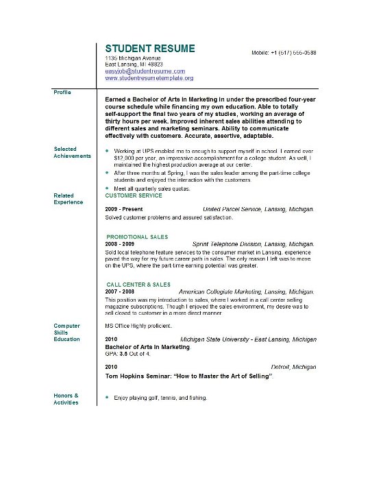 resume templates for students