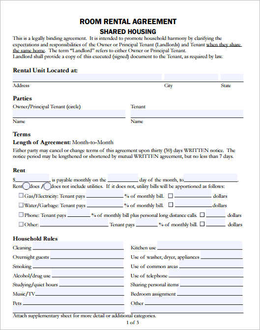 room rental agreement template