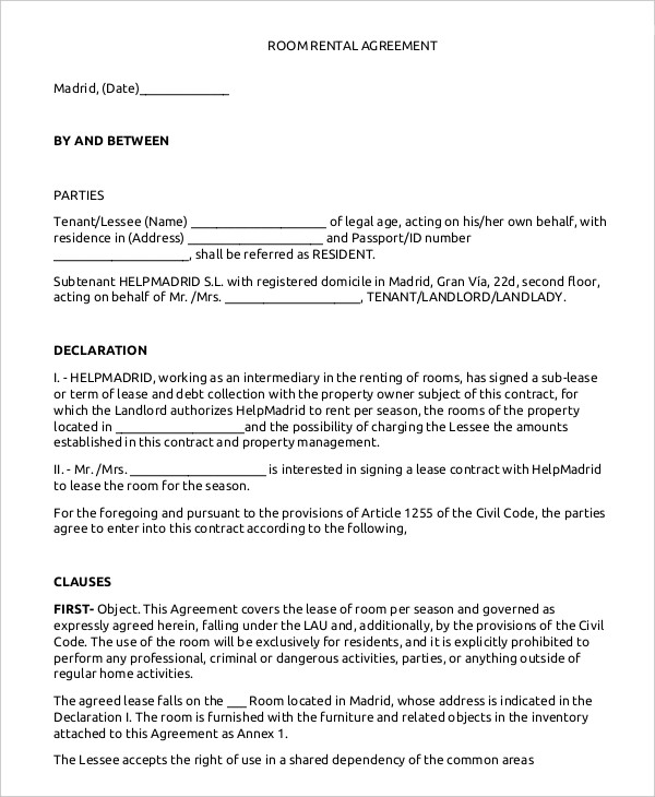 room rental agreement template