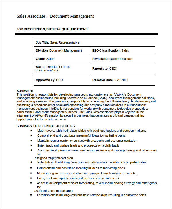 Sales Job Description Template Business