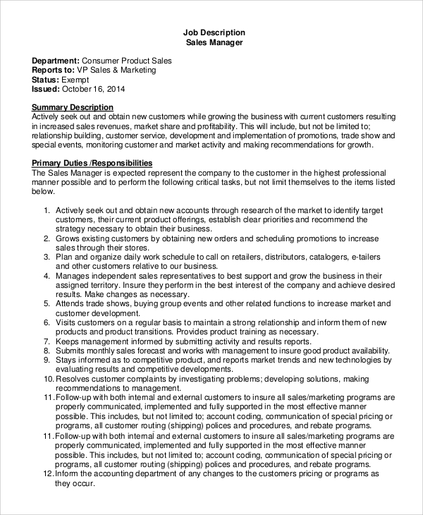 Sales Job Description Template Business