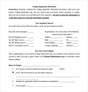 sample college applications college application worksheet word document free download