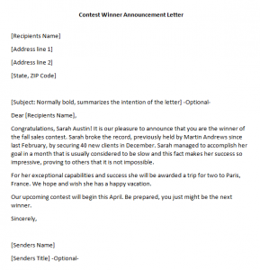 sample demand letter for payment contest winner announcement letter