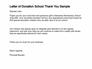 sample donation thank you letter letter of donation school thank you sample