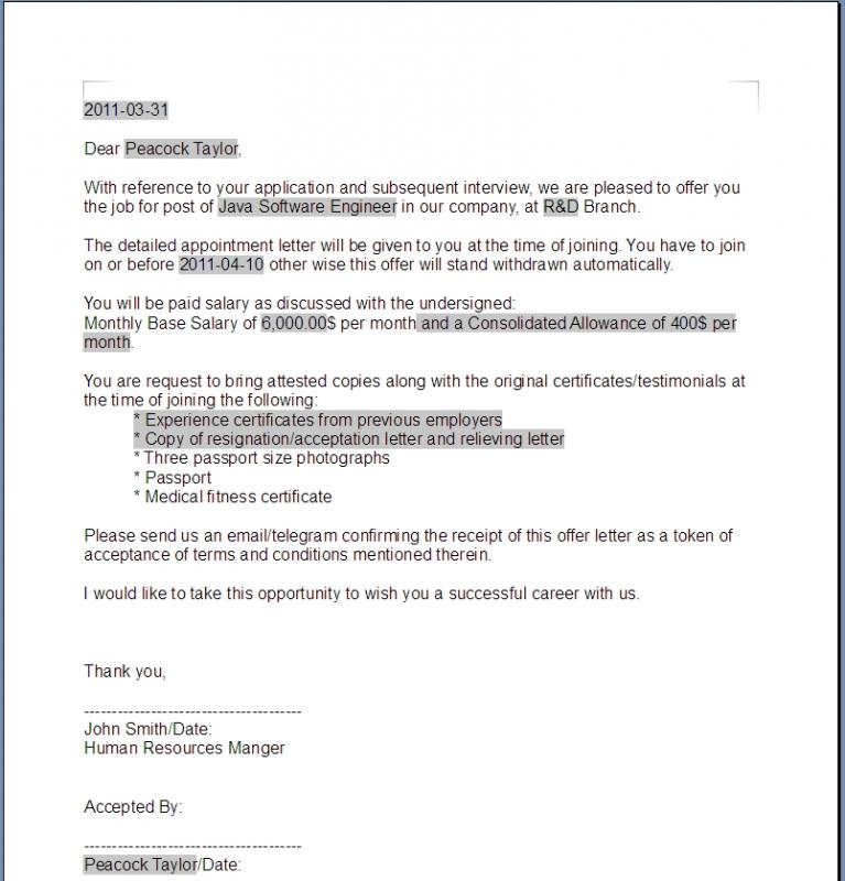 sample employment offer letter