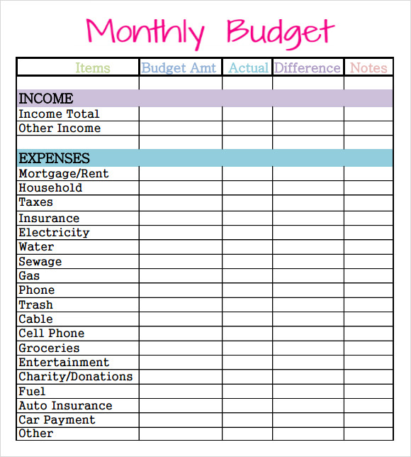 monthly expenses sheet template