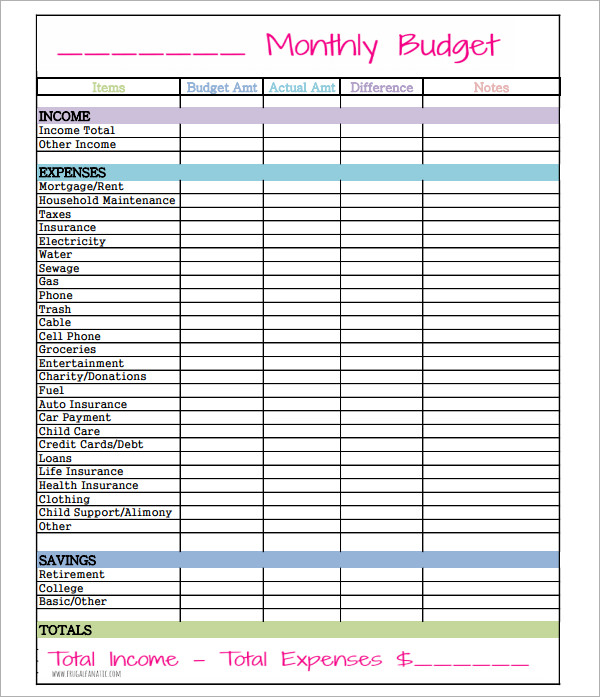 Free Printable Monthly Budget Templates