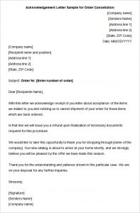 sample nonprofit gift acknowledgement letter acknowledgement letter sample for order cancellation