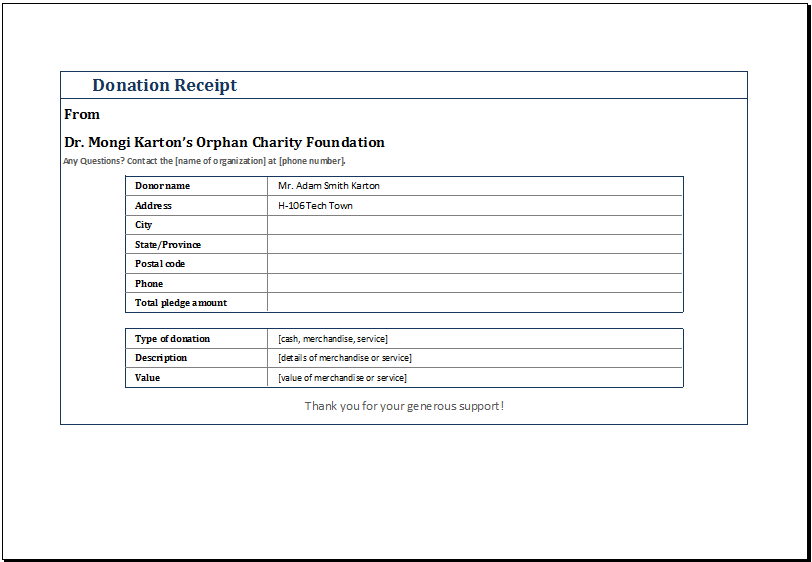 sample nonprofit gift acknowledgement letter