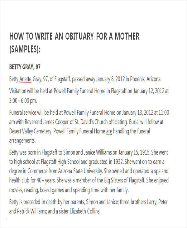 samples of obituaries for mother