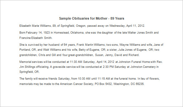 sample obituary for mother