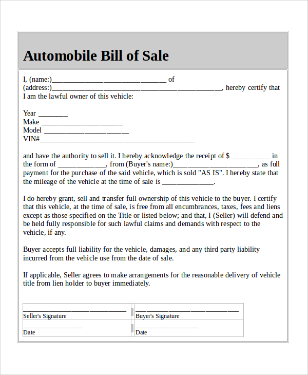 sample of bill of sale