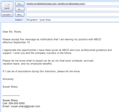 sample resignation email