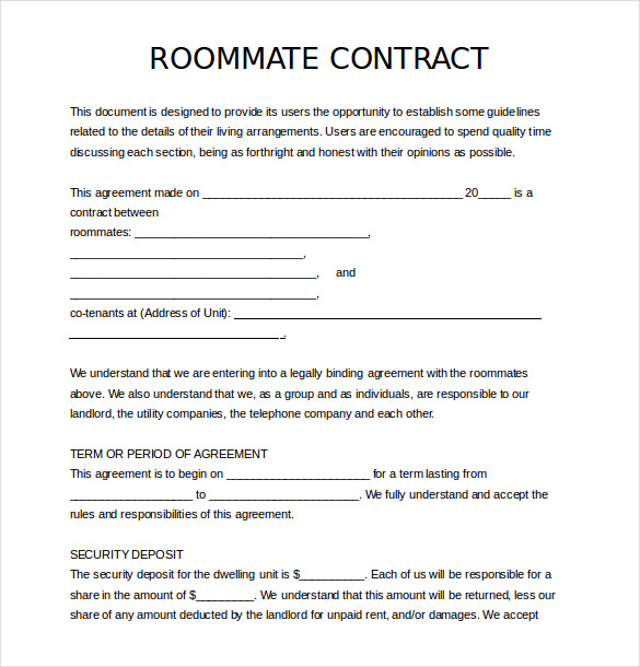 Sample Roommate Agreement Template Business