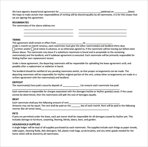 sample roommate agreement