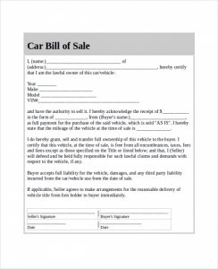 sample vehicle bill of sale bill of sale for car format