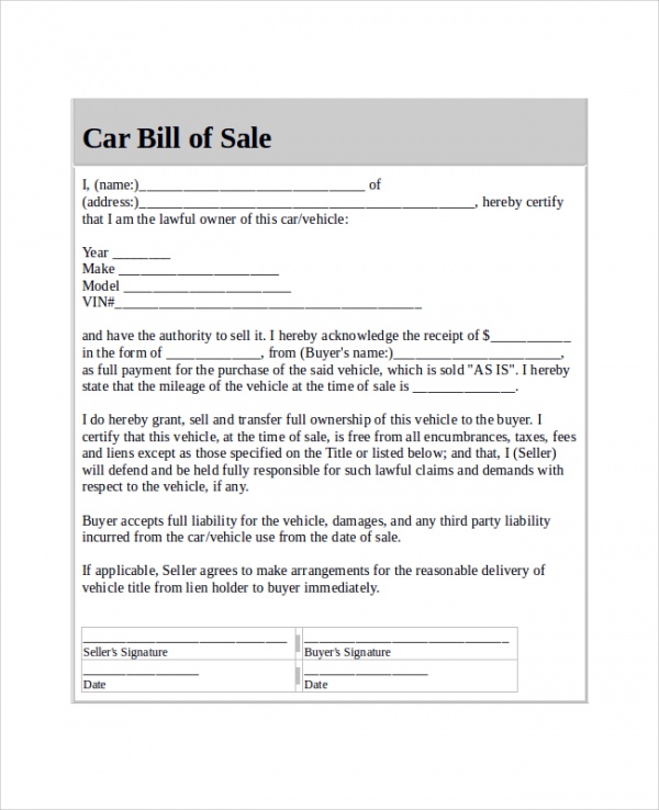 sample vehicle bill of sale