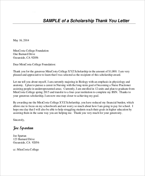 scholarship thank you letters sample