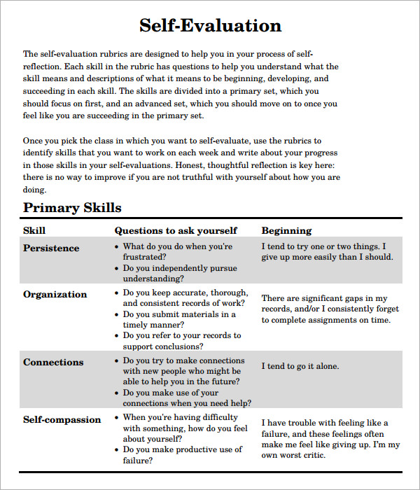 self evaluation examples