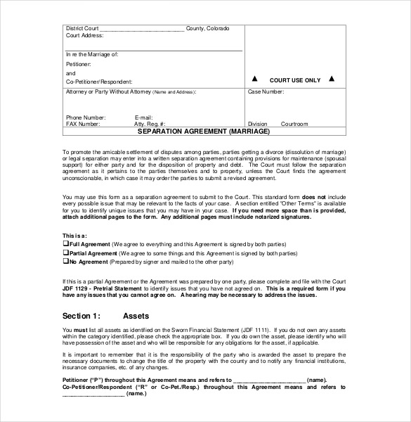 Informal Separation Agreement Template