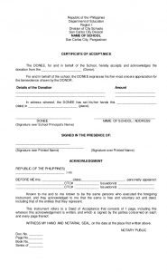 settlement agreement format certificate of acceptance of donation deped adoptaschool program