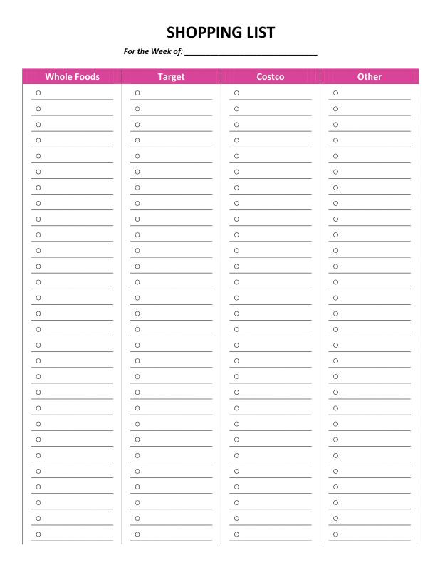 shopping list template