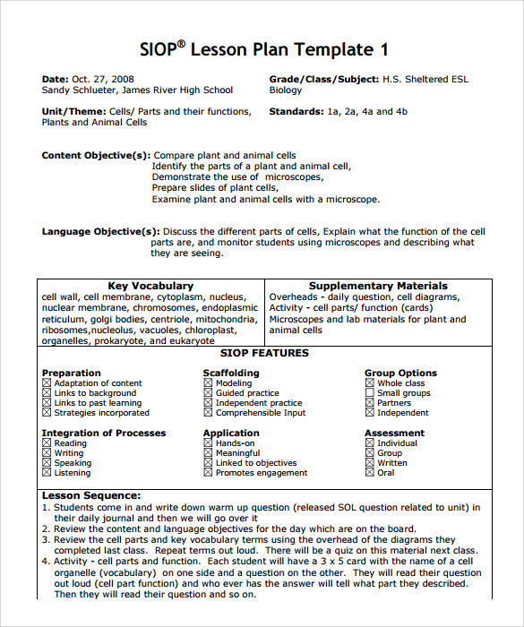 siop lesson plan examples