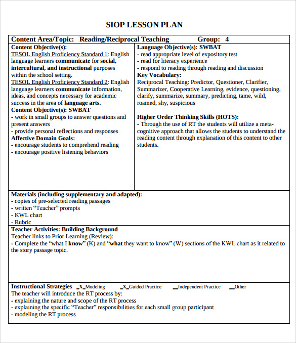 Siop Lesson Plan Template Business