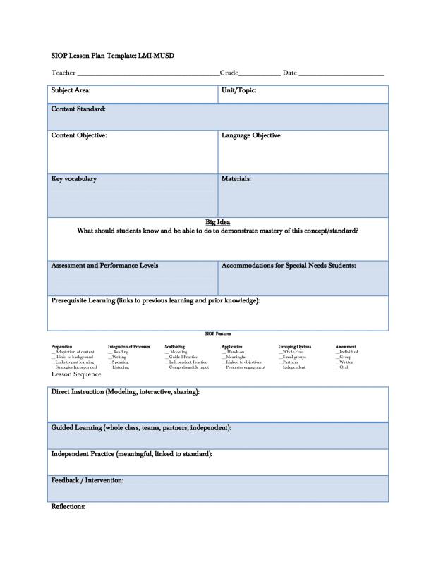 siop lesson plan