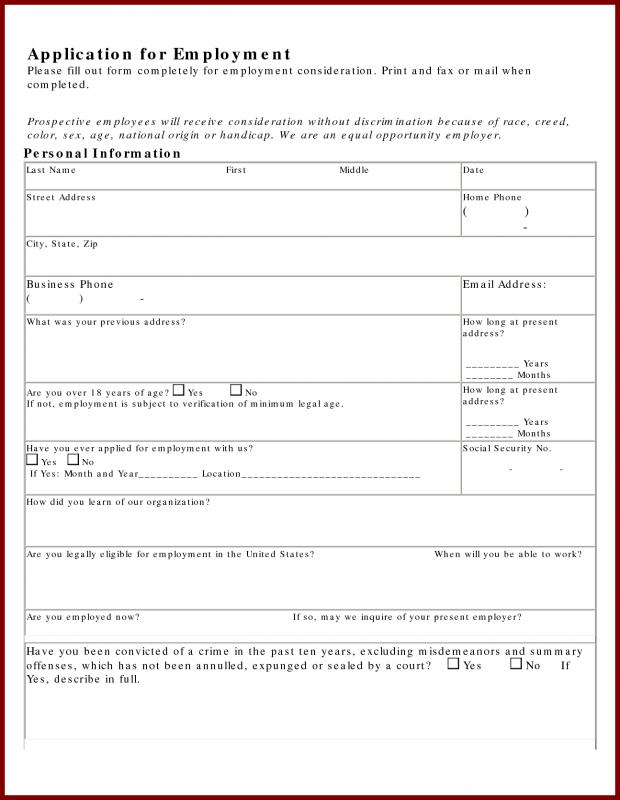 standard job application form