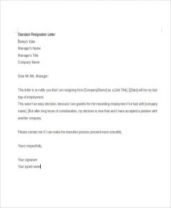 standard resignation letters formal standard resignation letter