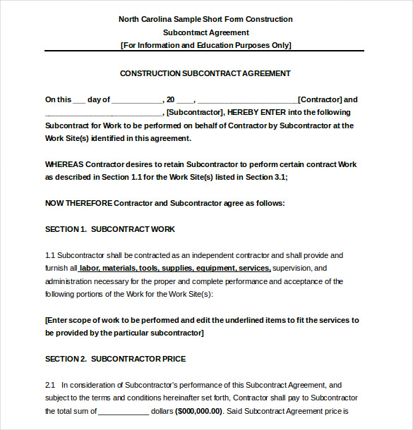 subcontractor agreement template