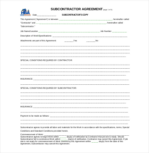 subcontractor agreement template