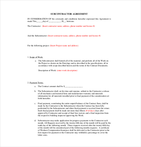 subcontractor agreement template